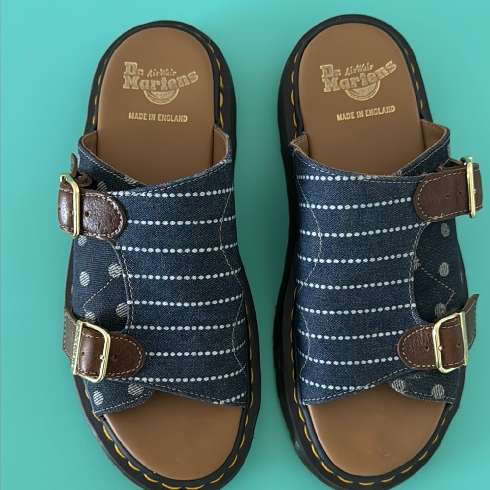 Dr. Martens Dayne Slides Blue Denim/Brown Leather - Picture 3 of 9